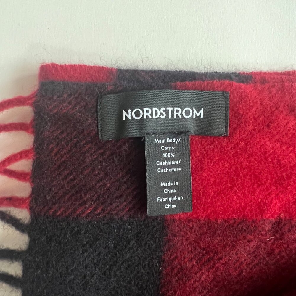 Nordstrom Cashmere Fringe Scarf Red Black Buffalo Check NWOT - Picture 3 of 5